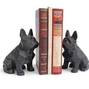 NIB Frenchie Dog Theme Geometric Bookends, Heavy Duty Cast Iron (2 Pack)